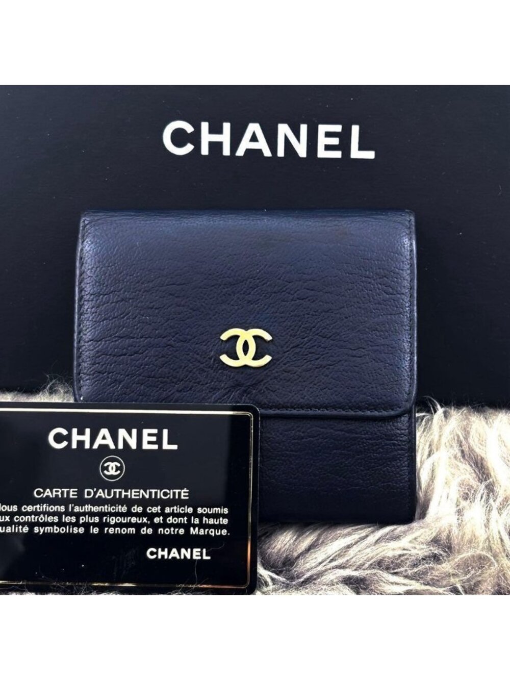 Chanel Wallet CC Logo Hook Trifold Navy